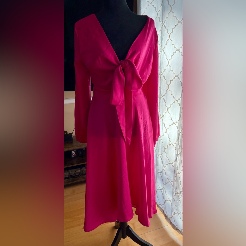 Darker Pink Tie Front Bishop Sleeve dress.